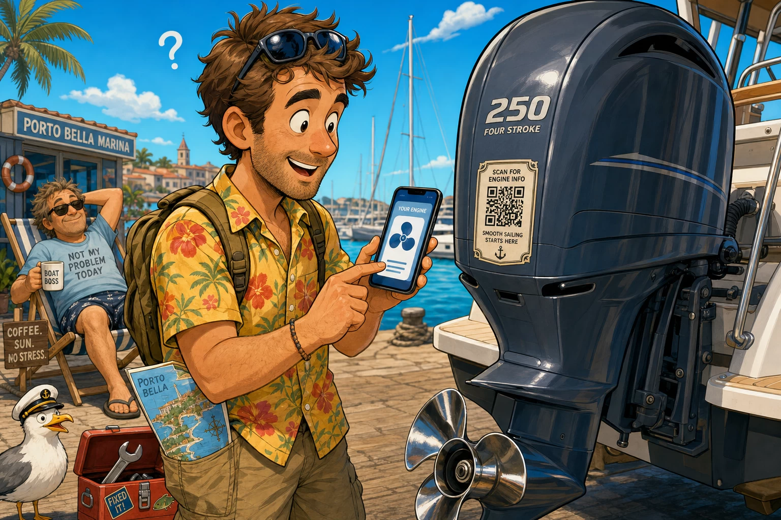 Turist skanner QR-kode på båtmotor med mobiltelefon mens båteier slapper av i bakgrunnen.